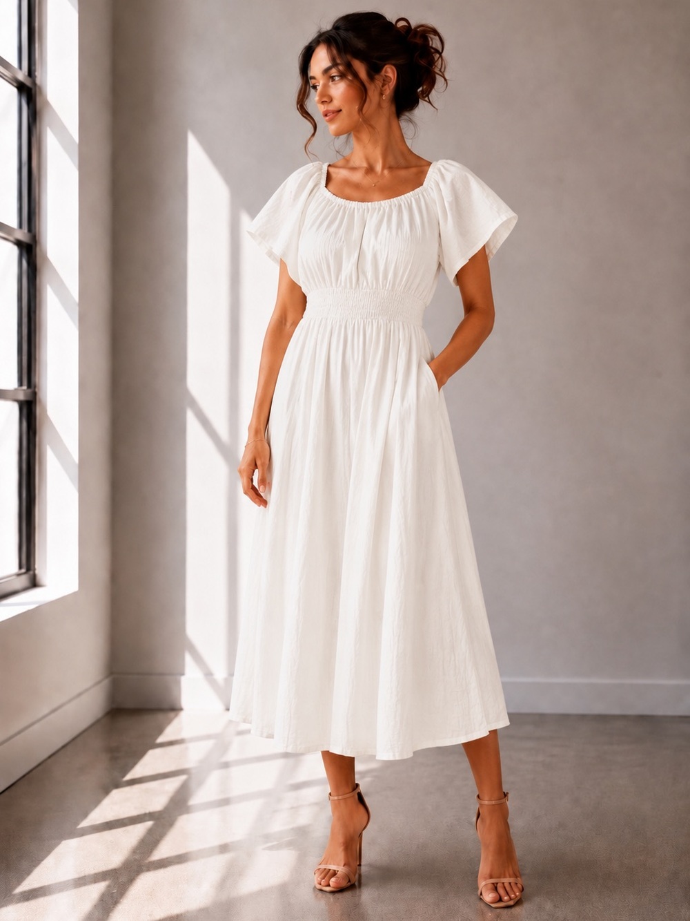 Smocked-Waist White Midi Dress with Flutter Sleeves